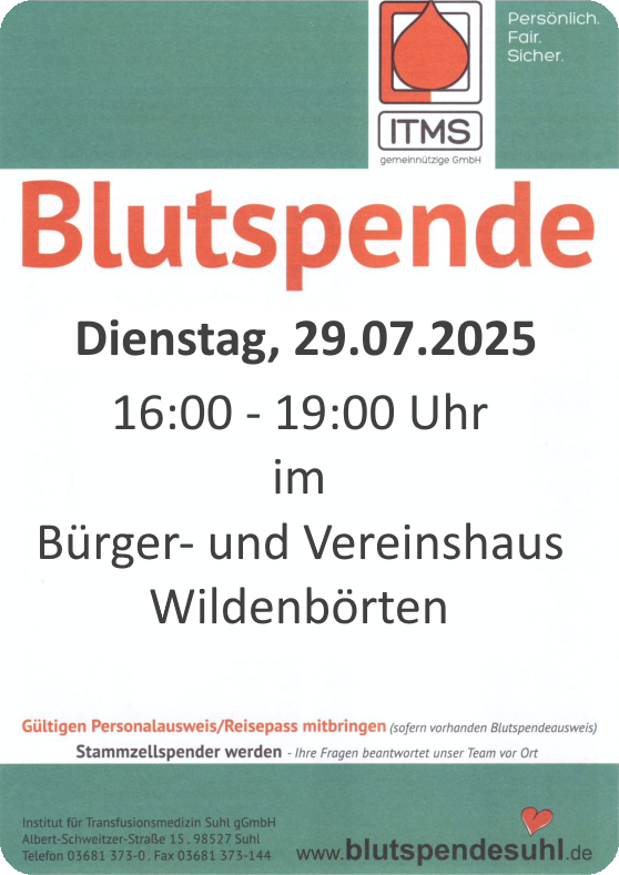 Blutspende am Dienstag, 29.07.2025 ab 16:00 Uhr im Bürger- und Vereinshaus Wildenbörten, Am Bürgerhaus 1, 04626 Schmölln