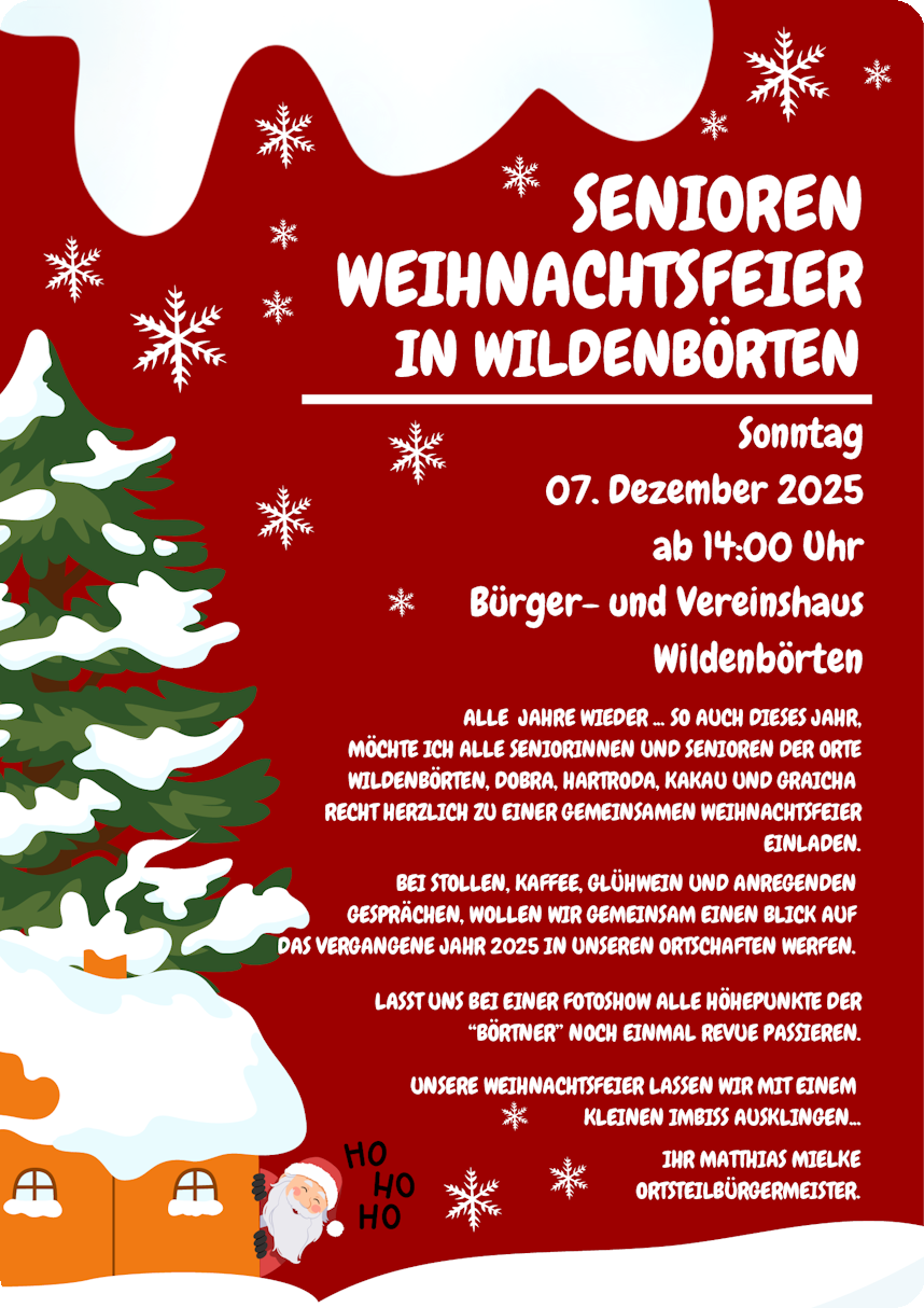Einladung zur Seniorenweihnachtsfeier am 7. Dezember 2025 im Bürger- und Vereinshaus Wildenbörten - für alle Senioren aus Dobra, Graicha, Hartroda, Kakau und Wildenbörten