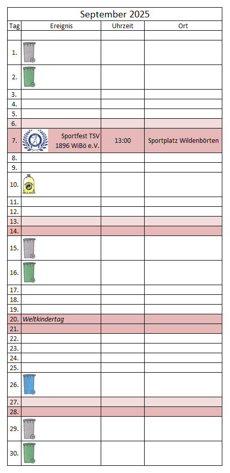 kalendarische Ereignisübersicht September 2025