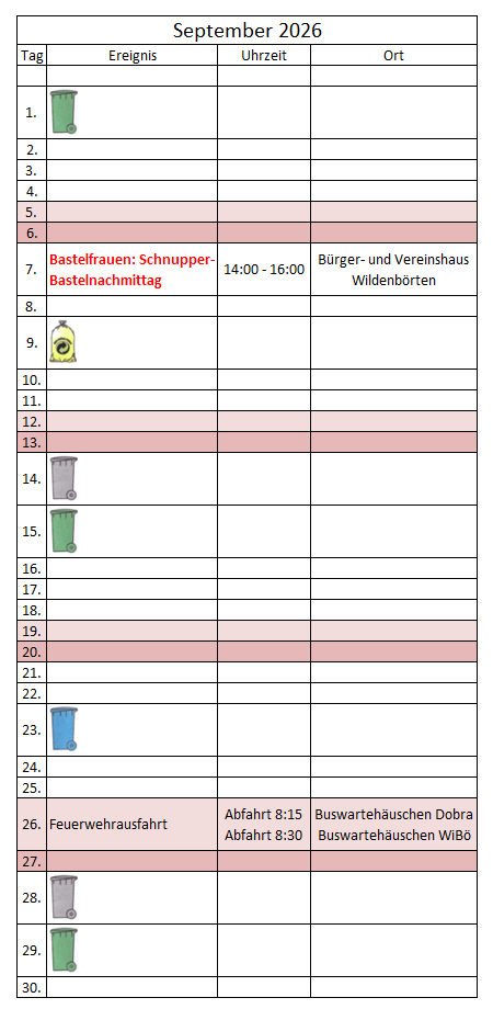 kalendarische Ereignisübersicht September 2026