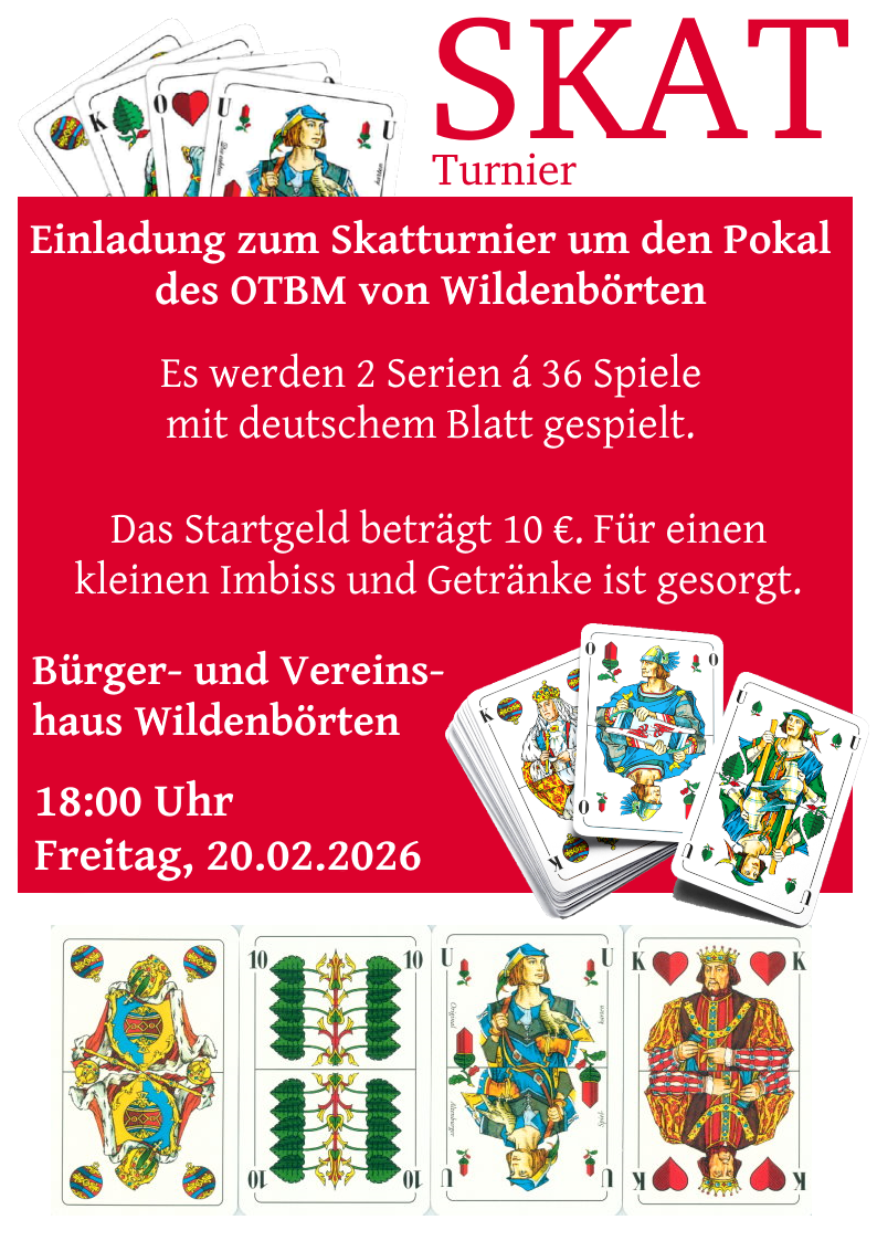 Skatturnier um den Poikal des Ortsteilbürgermeisters von Wildenbörten am 20. Februar 2026 ab 18:00 Uhr im Bürger- und Vereinshaus Wildenbörten2026